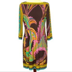 Retro print stretchy sheath dress brown pink funky paisley print size 10